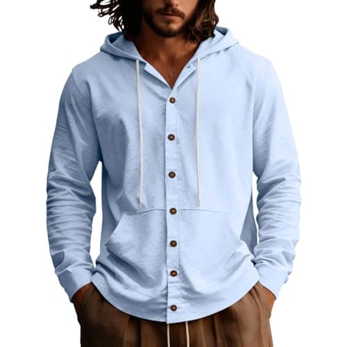 Image of Men's Hoodies Linen Summer Lightweight Long-sleeved Breathable Beach Casual Work Sweatshirt for Men UK Blues 3XL
