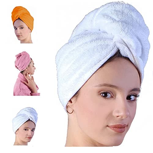 Image of LLAMAXY 100% Pure Organic Cotton Hair Drying Towels - Adult Child Wraps Turban Quick Twist Rapid Dry Cap - 3 Pack White, Pink, Orange