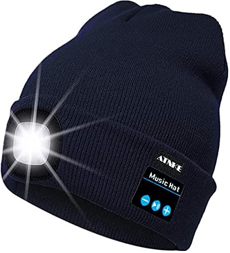 Image of ATNKE LED Lighted Bluetooth Beanie Cap, USB Rechargeable Wireless Musical Running Hat Ultra Bright 4 LED Light Lamp Use for Skiing Hiking Camping Cycling/Navy Blue
