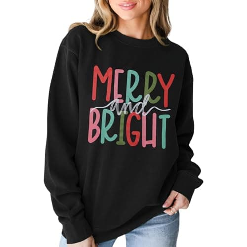 Image of SOMOQI Women's Merry and Bright Sweatshirt Long Sleeve Merry Christmas Sweatshirt Retro Letter Printed Xmas Gifts Top, Black, Large