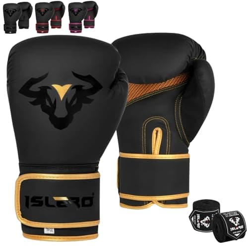 Image of Islero EVO Fitness Matte Black Boxing Gloves Men Punch Bag Women Pink MMA Muay Thai Martial Arts Kick Boxing Sparring Training Fighting Gloves With Hand Wraps (10 OZ, Golden)