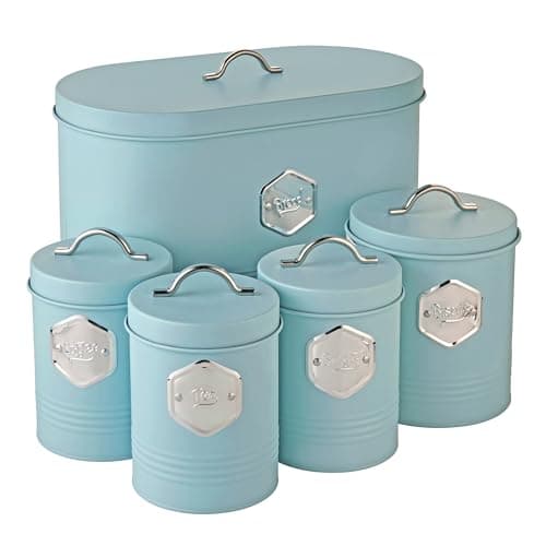 Image of Cooks Professional 5 Piece Tea Coffee Sugar Bread & Biscuit Cannister Set | Labelled Storage Tins | Containers with Airtight Lids | Canisters for Kitchen Accessories & Essentials | Blue & Silver
