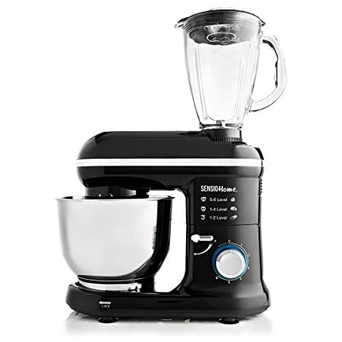 Image of Sensio Home 2-in-1 Food Processor Blender & Stand Mixer Machine - 1300W Electric Motor - Dough Hook, Whisk, Beater, Splash Guard, 6-Speed - 4.5 Litre Stainless Steel Mixing Bowl - 1.5L Glass Jug