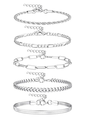 Image of CASSIECA 5 Pcs Sterling Silver Bracelets for Women Ladies Silver Bracelets Set Layered Dainty Link Chain Bracelet Adjustable Stackable Bracelets for Women Girls