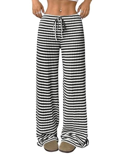 Image of Akiooue Palazzo Wide Leg Loose Trousers for Women UK,Women's Floaty Striped Print Drawstring Long Pants Ladies Casual Baggy Trousers