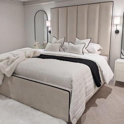 Image of 3FT Single Bed Hugo Luxury Tall Panelled 79" Headboard With Mattress Contrast Piping Upholstered In Plush Velvet Mustard Gold - No Storage (Mustard Gold Plush, 3FT Single With Mattress - No Storage)
