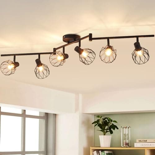 Image of ANWIO Kitchen Spot Lights Ceiling,6 Way Black Lounge Industrial Wall Lights-Adjustable SpotLights Ceiling Lights Wire Cage with E14 Base,Light Fittings Ceilings for Kitchen Living Room(EUC-EA190813)