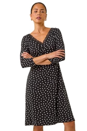 Image of Roman Originals Tea Dress for Women UK Ladies Skater Swing Fit & Flare Flattering Summer Knee Length Frill Hem Ruched Chest Casual Smart Cocktail Party Going Out - Petite Polka Black - Size 10