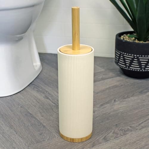 Image of Showerdrape Bondi Modern Design 4 Piece Ceramic & Bamboo Bathroom Accessory Set (Toilet Brush & Holder)