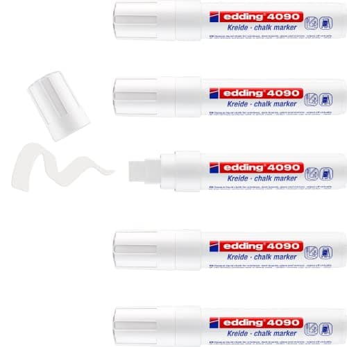 Image of edding 4090 Chalk Marker - White - 5 Chalk pens - Chisel tip 4-15 mm - Broad-Tipped Wet Wipe Pen for chalkboards, Windows, Glass, Mirrors - Liquid Chalk Marker pens for Opaque Coverage