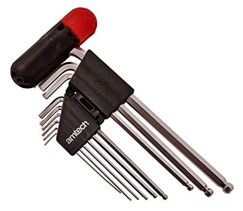 Image of Amtech 9pc Extra Long Ball End Hex Key Set, Chrome Vanadium Steel with T-Handle & Storage Holder for Tight-Space & High-Leverage Applications