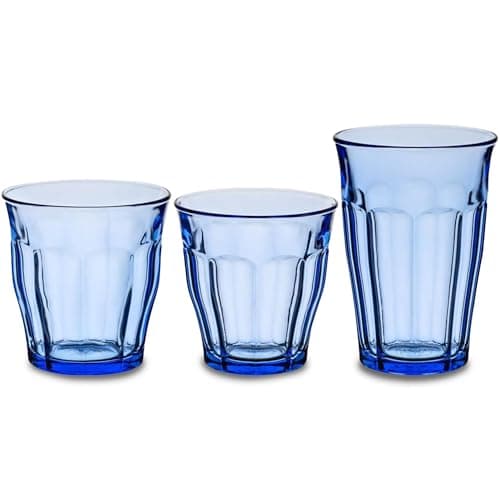 Image of Duralex Made In France Picardie 18-Piece Glass Drinking Set, Marine Blue - (6 Large, 6 Medium, 6 Small)