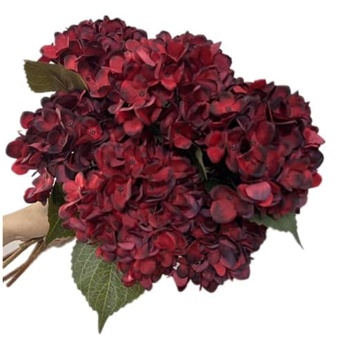 Image of forestmistry 5pcs Artificial Autumn Hydrangea Flower Branch Faux Silk Hydrangea Hortensia for Wedding Centerpieces Home Party Floral Arrangement Decor (red)