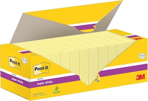 Image of Post-it Super Sticky Notes, 2160 Sheets, Value Pack of 12 + 12 Free Pads, 76 mm x 76 mm, Canary Yellow - Holds Strong to Many Surfaces - for Walls, Monitors and Fridge, Recycable