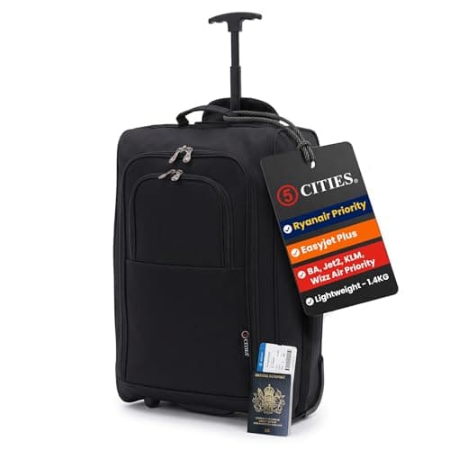 Image of 5 Cities Ryanair Cabin bags 55 x 40 x 20 Approved Suitcase Trolley Bag | Lightweight 1.45KG Carry On Travel Bag with Wheels | 42L Hand Luggage Case for Easyjet Plus, BA, WizzPriority, Jet2, KLM & More