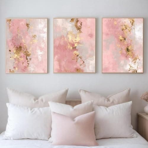 Image of JORCEDI Set of 3 Posters,Pink Gold Abstract Wall,Pink and Gold Marble Canvas Wall Art,Modern Abstract Painting,for Living Room Bedroom Kitchen Bathroom Office,Unframed (40x50cm)