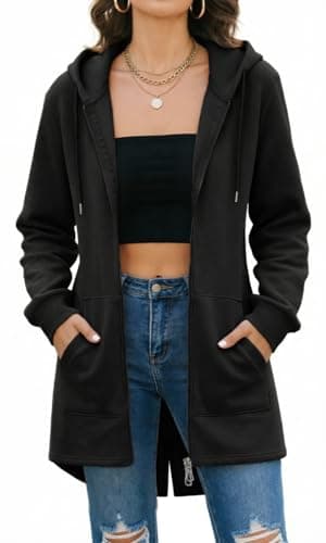 Image of Tuopuda Womens Long Hoodies Zip Up Plain Hoodie Long Sleeves Ladies Fleece Longline Hoodie Sweatshirts Casual Loose Hooded Coat Zipper Plus Size Tops Pullover Jacket with Pockets(Black,XL)
