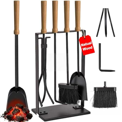 Image of Amagabeli Garden Home 5 Pieces Fireside Companion Set Black Wrought Iron Fireplace Tools Sets Wood Burner Accessories Indoor Fire Pit Stand Tongs Shovel Brush Chimney Poker Wood Handle