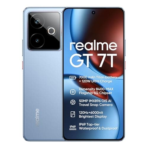 Image of realme GT 7T 5G Smartphone 12+256GB, IceSense Blue, 6.8 inch Screen, 120Hz Display, 120W Ultra Charge, 7000mAh Battery, 58MP AI Camera, MediaTek Dimensity 8400 Chipset, IP68