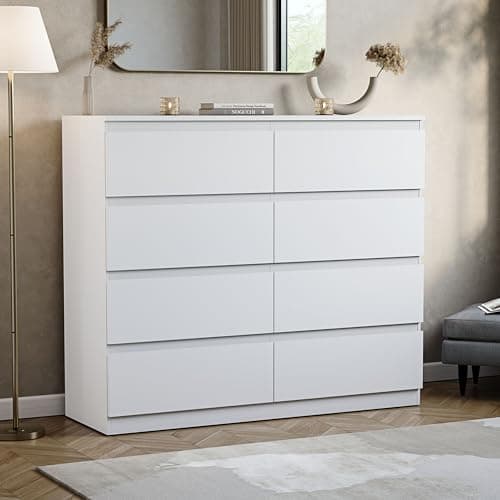 Image of Vida Designs Denver 8 Drawer Chest of Drawers | White | Space-Saving Storage | 95.5H x 120W x 40D cm | Smooth Metal Runner | Engineered Wood | Modern Bedroom Chest of Drawers Unit