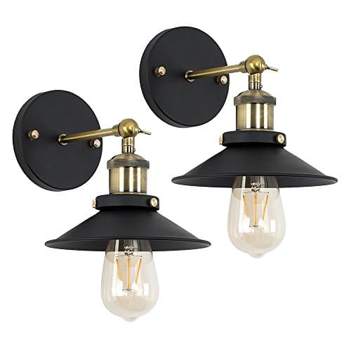 Image of MiniSun | Industrial Steampunk Style Black and Antique Brass Wall Lights with Tapered Shades | Wall Lamps & Sconces, Home Décor & Improvement Essential | Set of 2 | Mains Wired