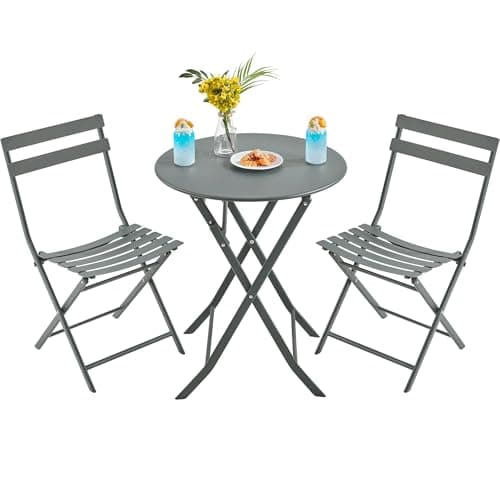 Image of Yaheetech 3-Piece Folding Bistro Set, Outdoor Bistro Table and Chairs Set, Space-Saving Garden Furniture for Balcony Yard, Grey