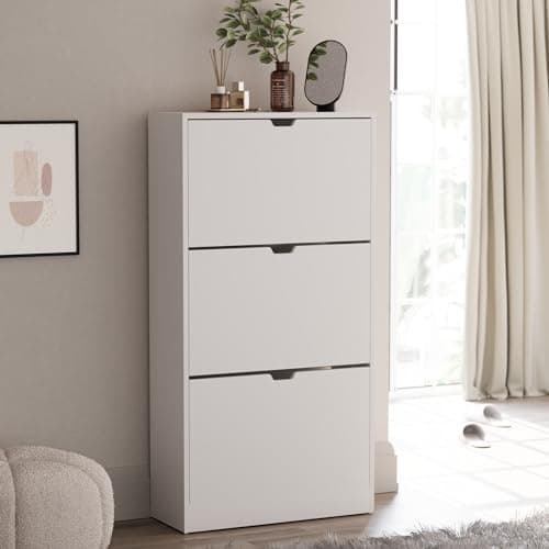 Image of Vida Designs Shoe Cabinet, Wooden Shoe Storage Unit with 3 Flip Drawers, Multifunctional Dust-Proof Space-Saving Slim Cupboard for Hallway or Entryway, 100% FSC Certified (White)