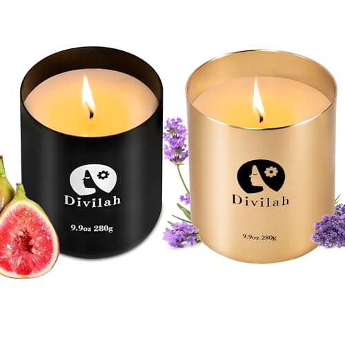 Image of Divilah Scented Candles, Lavender & Fig 2 Pack Long-Lasting 130-Hour Burn, Natural Soy Wax Candle, Gifts for Women, Men, Valentine's Day & Stocking Fillers, Recyclable Aluminum Jar
