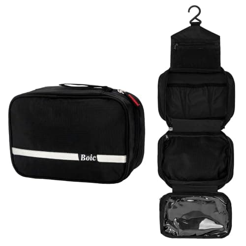 Image of Boic Hanging Toiletry Bag, Waterproof Small Toiletry Wash Bag, Multifunctional Cosmetic Bag with 4 Compartments Folding Washbag for Men Mesh and Compact Compartment, 24x10x15cm (Black)