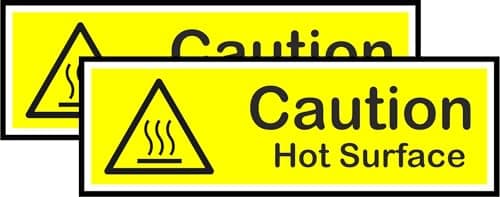 Image of Caution Hot Surface Warning Self Adhesive Vinyl Stickers, Health and Safety, Ideal for Bussinesses, Each is 150mm by 50mm, Pack of 2