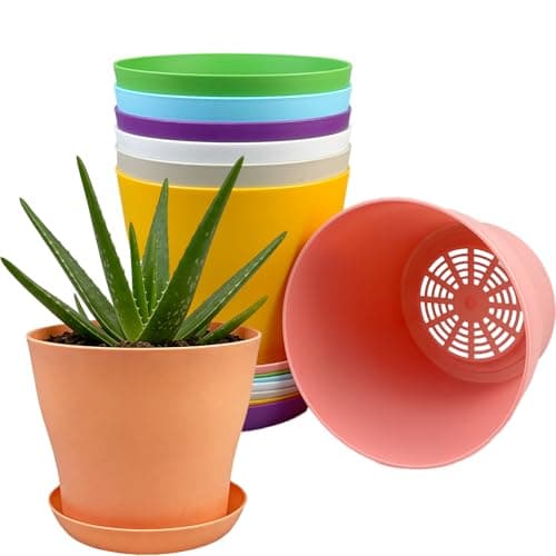 Image of TEYIAN 8 Pack Plastic Plant Pots 14cm/5.5-in Flower Pots with Drainage Holes and Tray Modern Decorative Planter Pot Indoor Outdoor Planters for All House Plants(8 Colour)
