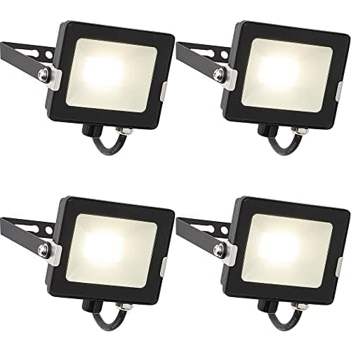 Image of 4 Pack Outdoor Waterproof Floodlight - 20W Cool White LED Module - Matt Black Aluminium Alloy & Glass - IP65 Rated - Angled Wall Mounting Bracket - 1m Cable - High Light Output