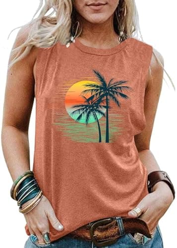 Image of VVNTY Hawaiian Tank Tops for Women Palm Trees Beach Vest Sunset Graphic Tops Summer Vacation Sleeveless Outfits (Orange1,S)