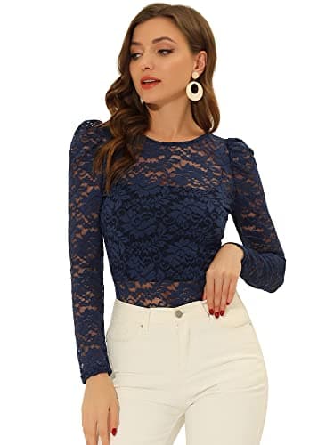 Image of Allegra K Women's Long Sleeve Blouse Vintage Semi Sheer Puff Sleeve Elegant Lace Top Dark Blue 16