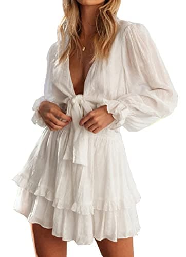 Image of PHENHU Women's Dress Deep V-Neck Long Sleeve Knot Front Ruffle Hem Casual Short Dress