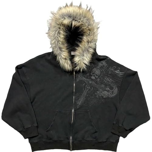Image of Eauptffy Men's Fleece Hoodie with Zip and Gothic Print Rock Style Sportswear with Long Sleeves Short Punk Sweatshirt Hip Hop Goth Sweat Jacket Retro Outdoor Jacket, O Black, XL