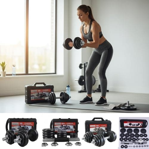 Image of Adjustable Cast Iron Dumbbell Barbell Weight Set 15kg 20kg 30kg 50kg for Men & Women | Spinlock Chrome Bars | Home Gym Fitness Strength Training Equipment (With Case, 20 kg)