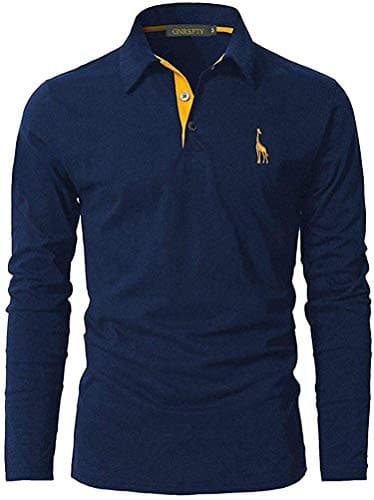 Image of GNRSPTY Mens Polo Long Sleeve Shirt Cotton Golf Giraffe Tops,Navy,M