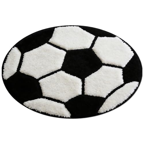 Image of xoqoiuo Football Rug For Boys Bedroom, Boys Rug Football Accessories Round Rugs Bedroom Black White Football Check Pattern Mat Non Slip Soft Bath Mat Carpets Area Mats(60×60cm