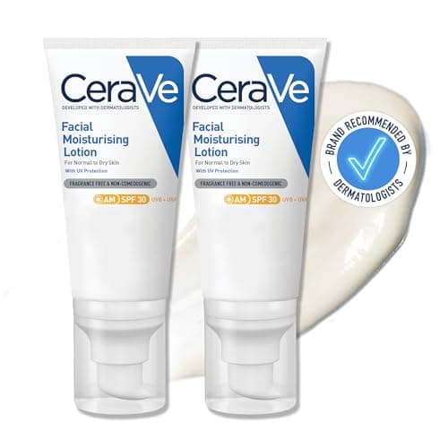 Image of CeraVe AM Facial Moisturising Lotion SPF30 Duo With 3 Essential Ceramides, Vitamin E, Niacinamide, MVE Technology, UVA UVB Protection, For Normal to Dry Skin, Lightweight, Non-Greasy, 2 x 52ml
