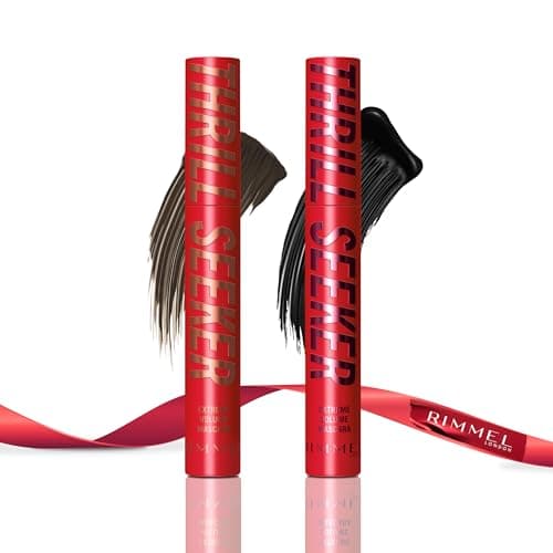 Image of Rimmel Thrill Seeker Mascara, 001 Black + 002 Cappuccino, Ultra Volumising, Lengthens and Lifts Lashes, Up To 24-Hour Wear, Smudge-Proof, Flake-Free, Clump-Free, Vegan, 12.5ml