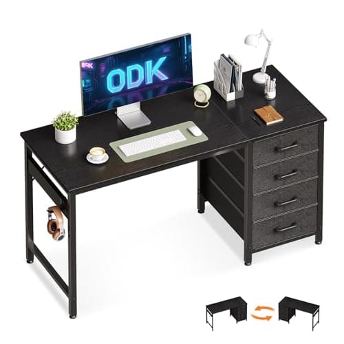 Image of ODK Computer Desk with Drawers, 120 x 48 cm Office Desk with Storage & Headphone for Small Spaces, Reversible Small Study Table for Home Office, Black