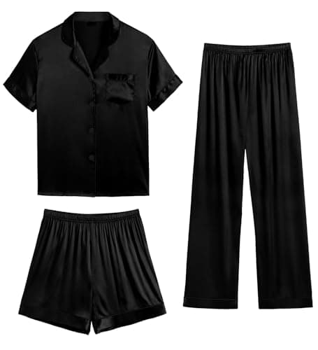 Image of SWOMOG Womens Satin Pyjama Sets Ladies Silk Nightwear 3 Piece Short Sleeve Pj Button Down Sleepwear Set S Light Black