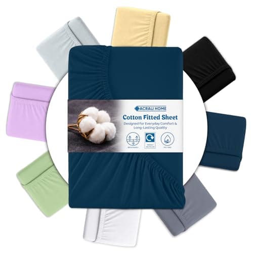 Image of Acrali Home Denim Blue Egyptian Cotton Super King Size Fitted Sheet 180x200 cm - 200 Thread Count, Deep Pocket - Ultra Soft Hotel Quality, Breathable & Hypoallergenic Bottom Bed Sheet