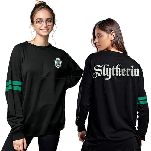 Image of Harry Potter Oversized Sweatshirt | Hogwarts House Sweater Designs | Adults 100% Cotton Varsity Jumper | Mens & Women (UK, Alpha, S, Regular, Regular, Slytherin)
