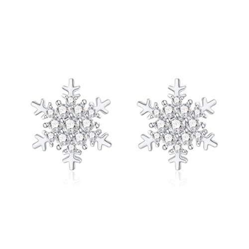 Image of QUKE Women 925 Sterling Silver CZ Crystal Snowflake Shape Pierced Stud Earrings For Women Girls