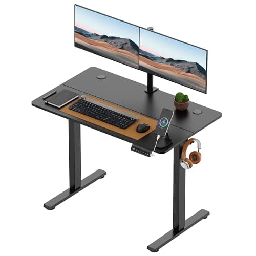 Image of VonHaus Electric Standing Desk, USB-C Charging Height Adjustable Sit Stand Desk with Anti-Collision, Height Preset Technology & Cable Management, Black Two Piece Desktop & Steel Frame, 100x60cm