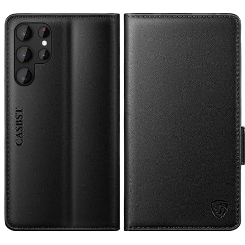 Image of CASBST for Samsung Galaxy S22 Ultra 5G Case, Kickstand Flip Leather Wallet Book Case with Card Slots Shockproof Magnetic Closure Protective Phone Case Cover for Samsung S22 Ultra - Black