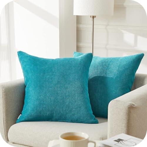 Image of Topfinel Teal Cushion Covers 50cm x 50cm Chenille Pillow Cover Soft Square Plain Decorative 20x20 Inches Throw Pillowcases for Sofa Bed Bedroom livingroom with Invisible Zipper Set of 2