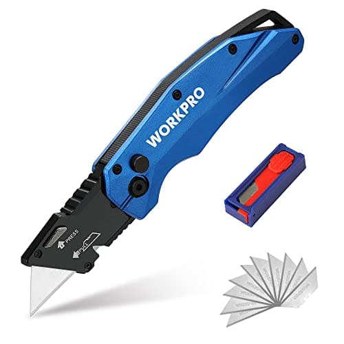 Image of WORKPRO Heavy-Duty Folding Utility Knife, Full-Metal Box Cutter with Quick-Change Blade, Axis Lock for Fast Opening and Secure Locking, Includes 10 Blades, Blue